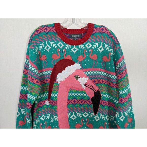33 Degrees Christmas pink Santa Flamingo sweater sz M - Picture 3 of 10